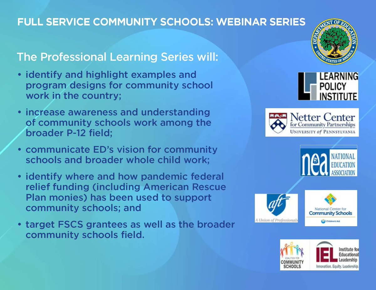 future4learning's tweet photo. FINAL webinar in the Community School Leadership series on Thurs 9/22 at 3pm EST! Register here: https://t.co/4CjWWnbyqI 

Hosted by: @LPI_Learning @usdoegov @TheNetterCenter @NEAToday @AFTunion @natcenterforcs @CommSchools @IELconnects 

#CommunitySchoolsNow https://t.co/5v0TBV2MRW
