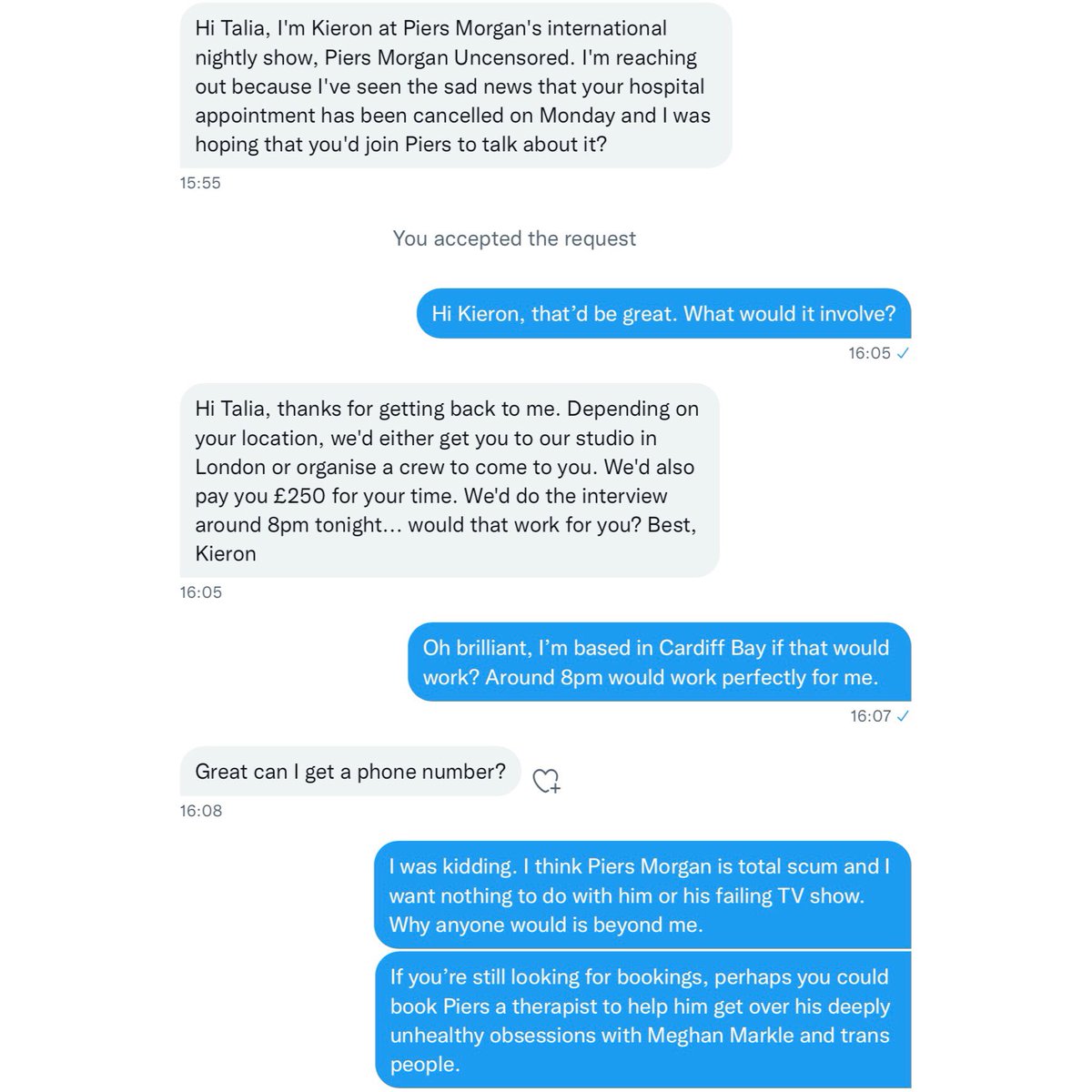 got approached to go on piers morgan’s tv show today