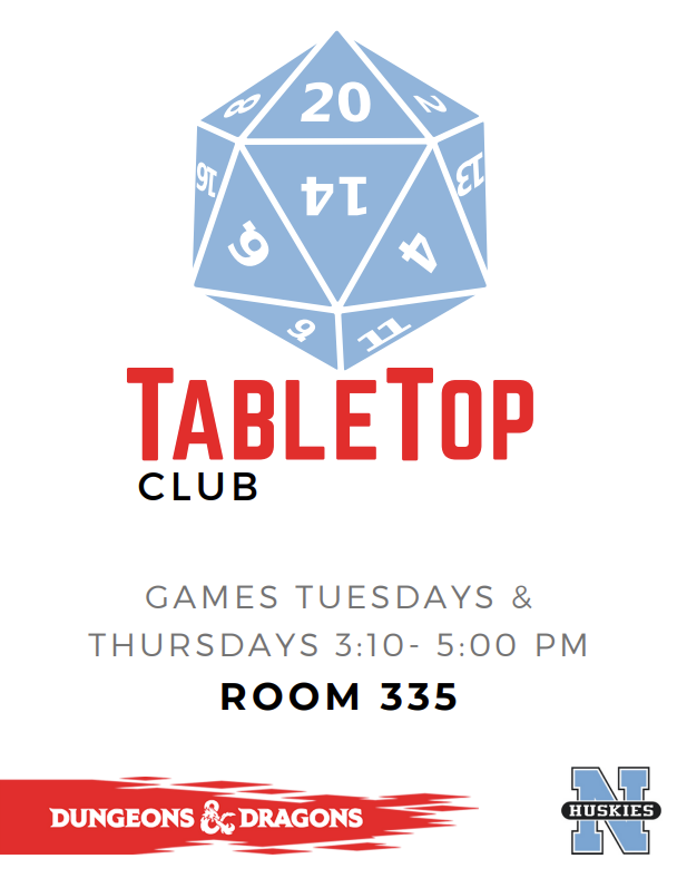 ecnorthhuskies's tweet photo. TableTop Club is a safe and fun place for students to try their hand at tabletop roleplaying games (RPGs) and collectable card games. If you are interested in joining, please come to room 335 Tuesdays and Thursdays from 3:10 to 5:00 PM every week to get your game on! https://t.co/zfQEBEv4eD