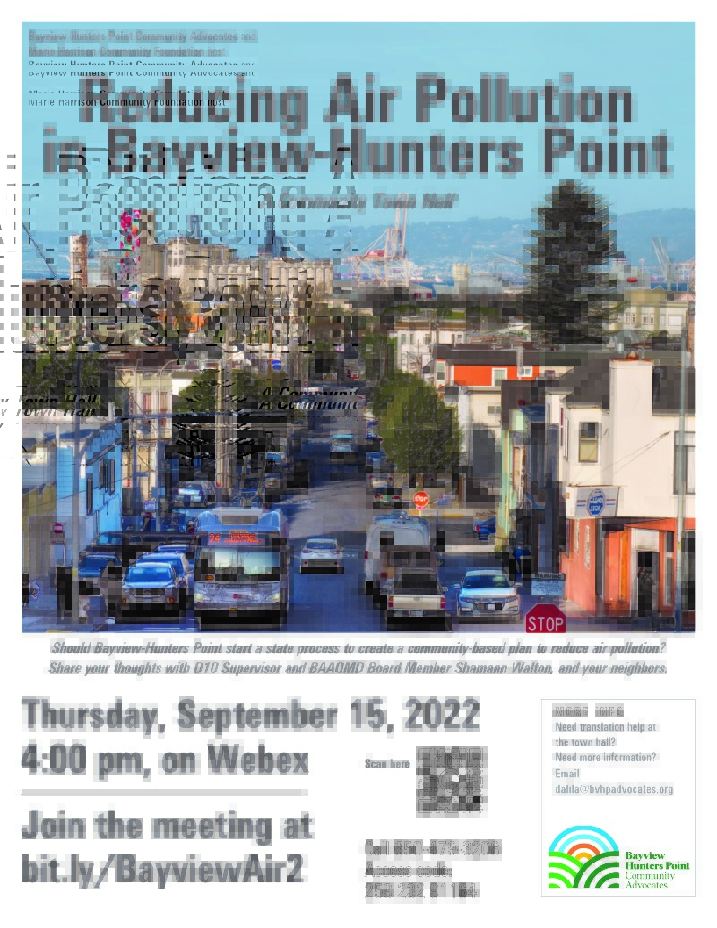 Join us tomorrow from 4-6pm for an important community conversation about a community led process to reduce pollution.
No registration needed.

Scan the QR or click the link in bio.
Or
Call-in: 650-479-3208
Access Code: 259 232 91164
#bayviewhunterspoint#environmentaljustice
