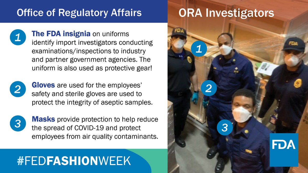 FDAInspects's tweet photo. #FDAORA Investigators are always in fashion & their commitment to protecting the #PublicHealth is always en vogue. Investigators are the “boots on the ground,” responsible for enforcing regulatory compliance of #FDARegulated products. https://t.co/QyU3BxMzQ1 #FedFashionWeek https://t.co/flsM2YDIwB