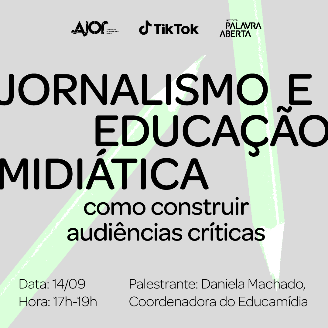 ajor_digital's tweet photo. 📢 É HOJE! Às 17h (Brasília), a #Ajor, o @PalavraAberta e o @TikTokBrasil recebem jornalistas para uma oficina gratuita sobre educação midiática.  

👉 A formação de audiências mais críticas é fundamental para a nossa democracia. Compartilhe!

🔗Participe: https://t.co/qQ52qvyVtm https://t.co/PRFrvo07hQ