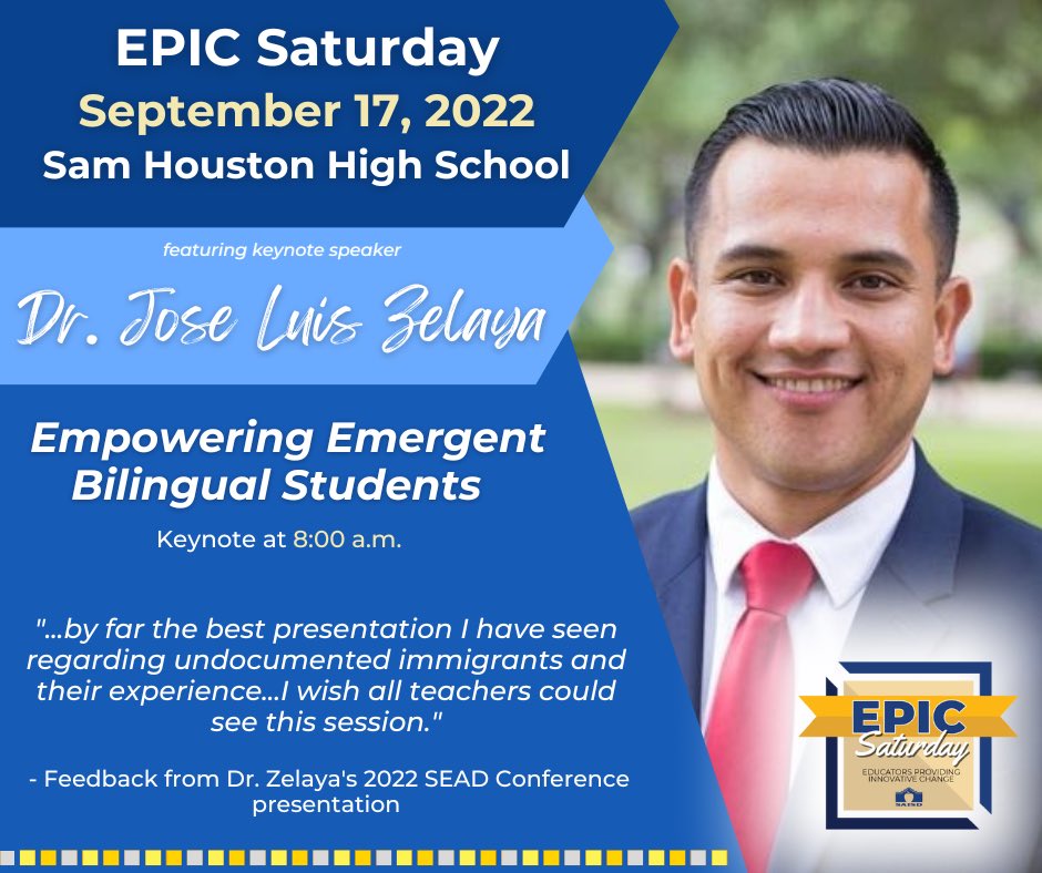 SAISDorg_lrn's tweet photo. The feedback from @DrZelayaSpeaks is always incredible! Don’t miss his keynote this Saturday at #SAISDepicSaturday! View the catalog and register today: https://t.co/w2PKd6Arue @ColleenBohrmann @PattiSalzmann @SAISDBilingual @SAISD_CI https://t.co/wgbUWOgxCn