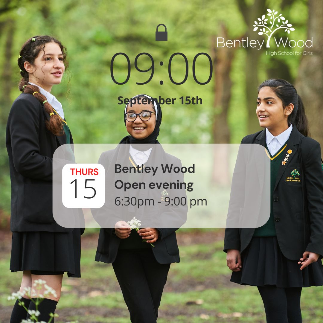 Reminder!🗓️Tomorrow is our Bentley Wood Open evening from 6:30pm - 9:00pm🎉

Take a look around our school and stunning grounds, and hear from our newly appointed Head teacher at the Head teacher speeches at 7:00pm and 7:45 pm! 

We can't wait to welcome you!