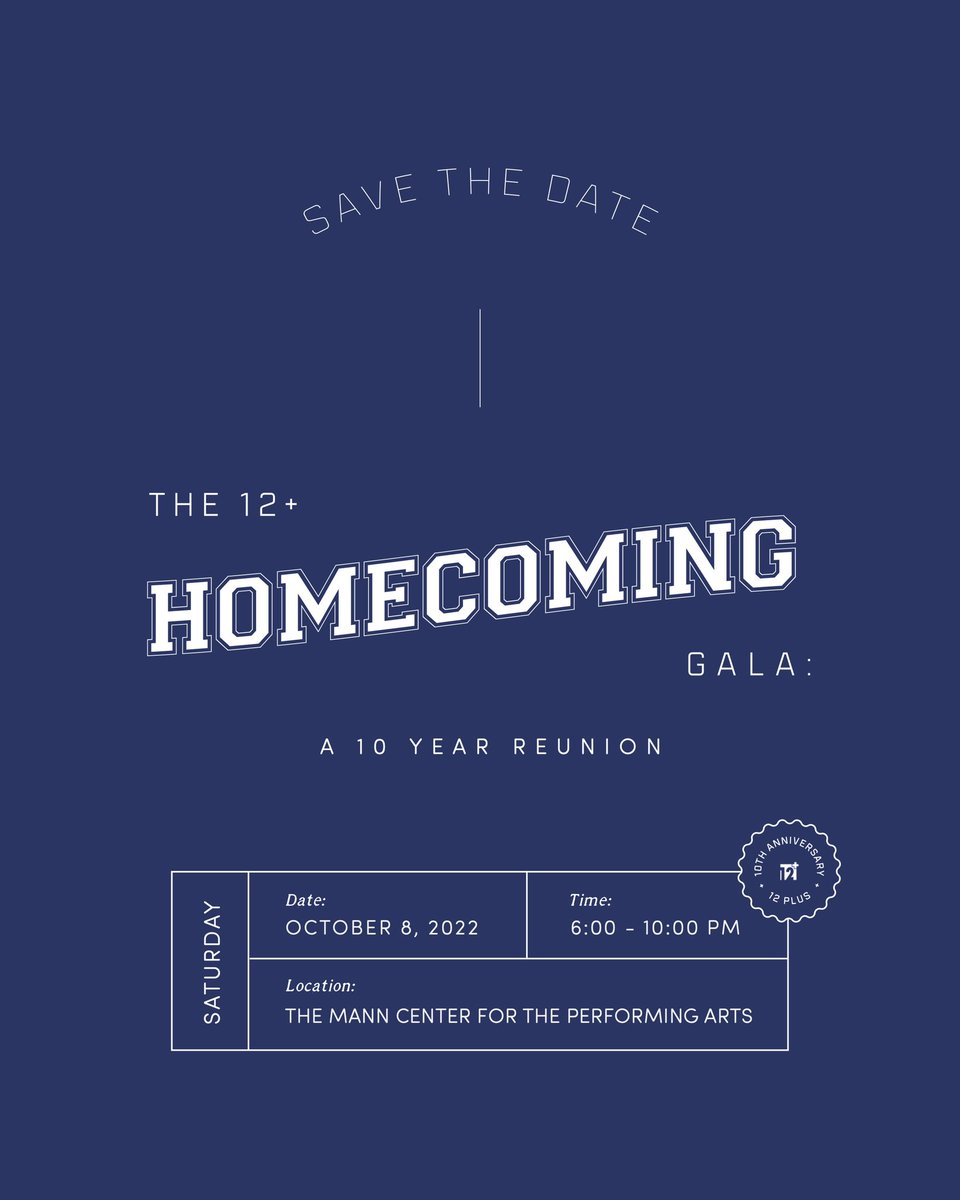 12plusphilly's tweet image. The 12+ Homecoming Gala returns in less than a month. We cannot wait to celebrate the last decade of 12+ with you all 💙

For more info: 12plus.org/hcgala