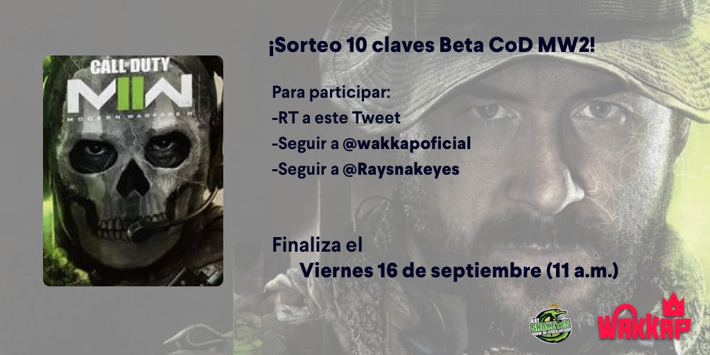 🎮 SORTEO 10 CÓDIGOS BETA CALL OF DUTY MODERN WARFARE II🎖️

Sirven para jugar en PlayStation los siguientes findes de semana a la beta.
 
Para participar:

🔁Dar RT a este tweet.
➡️Seguir a <a href="/wakkapoficial/">Wakkap</a>  &amp; <a href="/Raysnakeyes/">Ray Snakeyes</a> 

✈️¡Mucha suerte 🪖Se conocerán los ganadores este viernes
