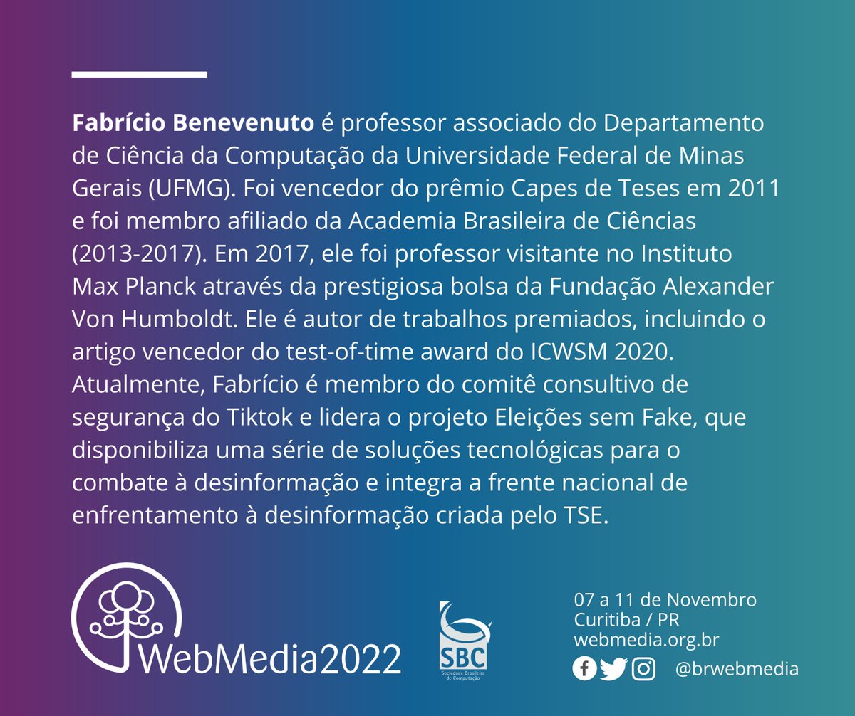 brwebmedia's tweet photo. ✅ Palestra confirmada!

➡️ Saiba mais no site oficial: https://t.co/IwBrZ3kSTn (link na bio)

#webmedia #webmedia2022 #sbc #palestras https://t.co/Jrw3z3vYl6