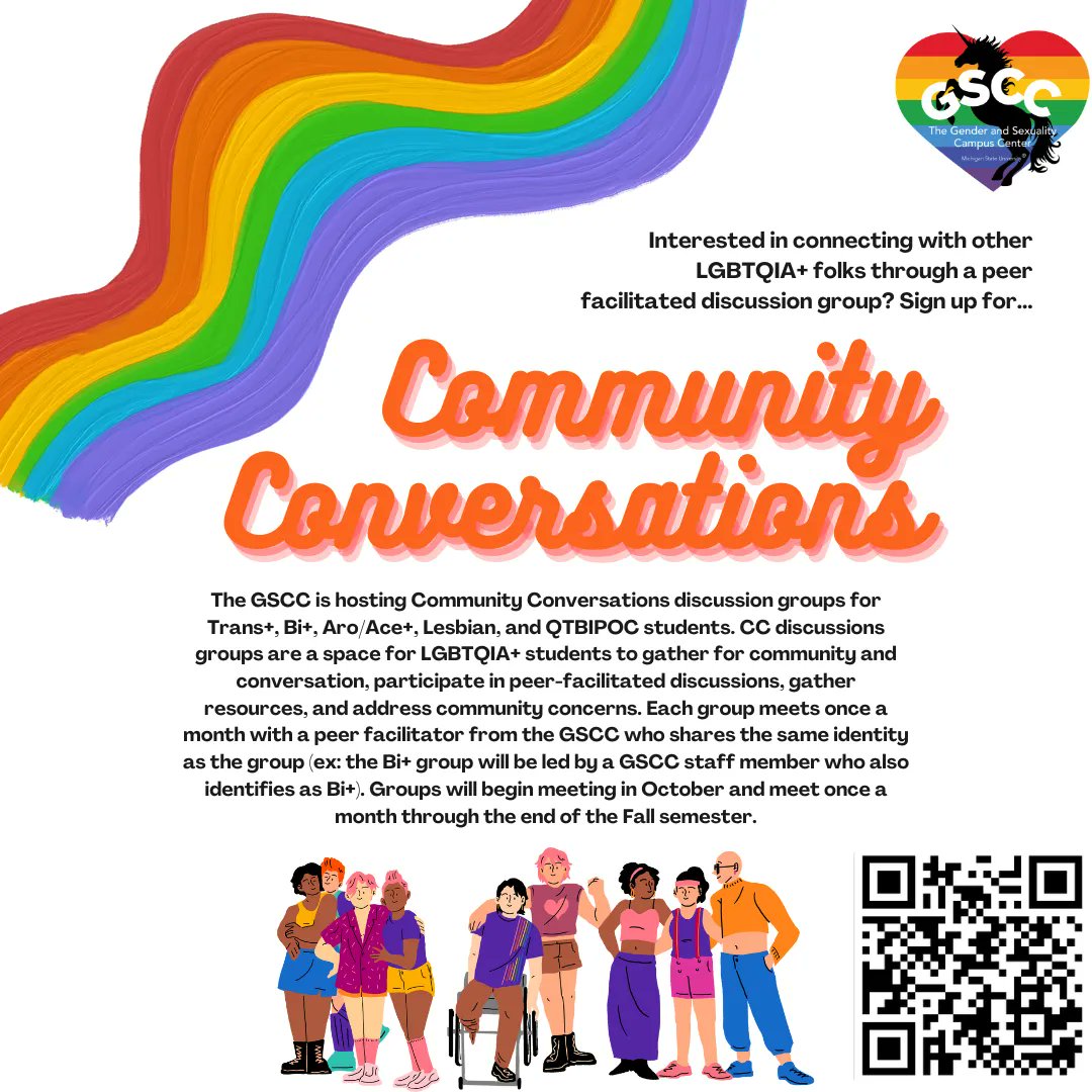 The GSCC is hosting monthly Community Conversations discussion groups for Trans+, Bi+, Aro/Ace+, Lesbian, and QTBIPOC students beginning in October. CC discussion groups are a space for LGBTQIA+ students to gather for community and conversation! Link in bio for signup :)