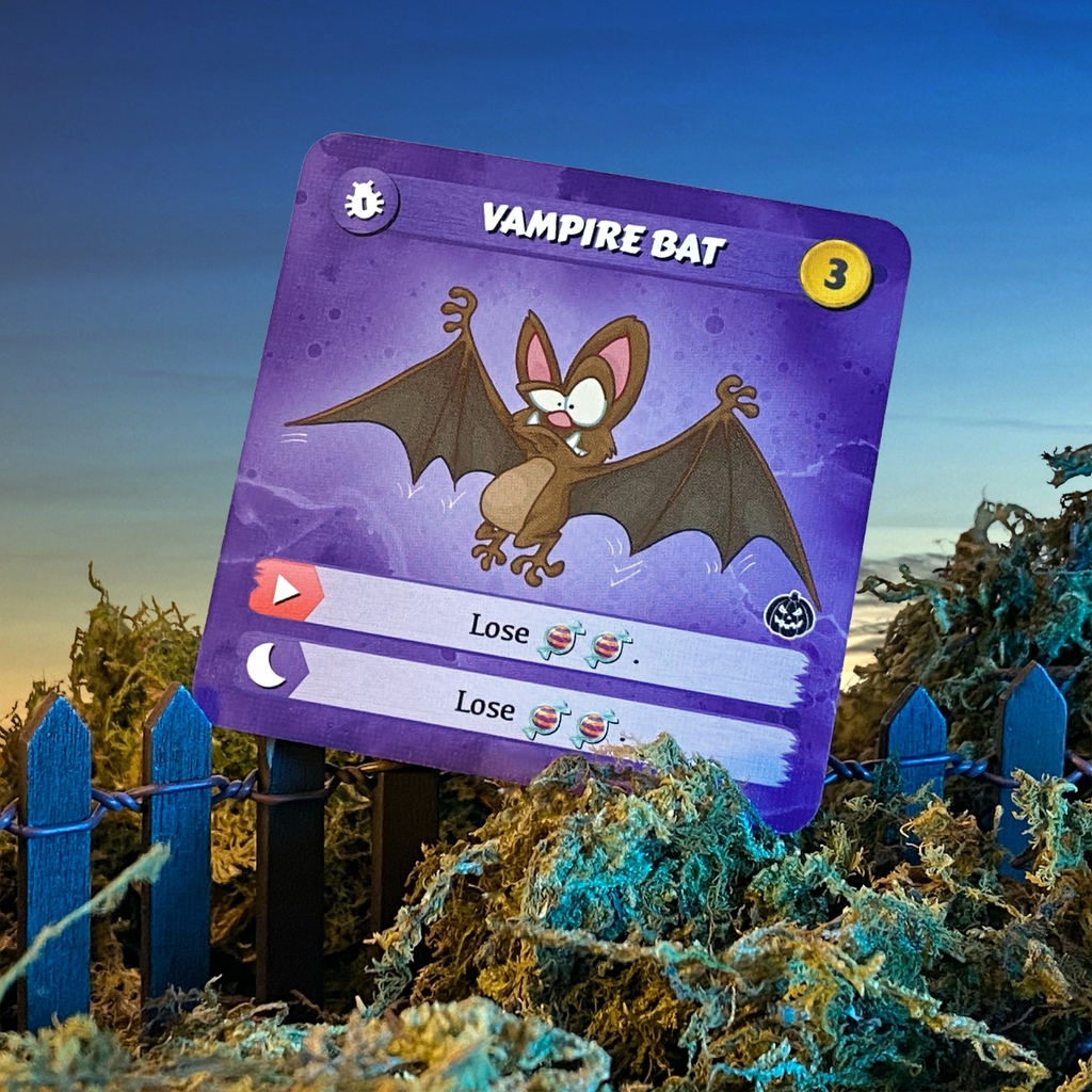 GadaboutGames's tweet photo. Like it's cousin card from the base set – the Mosquito – this pesky Vampire Bat is ready to bleed your rival's candy supply dry.

#turfwargame #kickstarter #halloween #kickstartergames #bgg https://t.co/aU7d2n3XRs