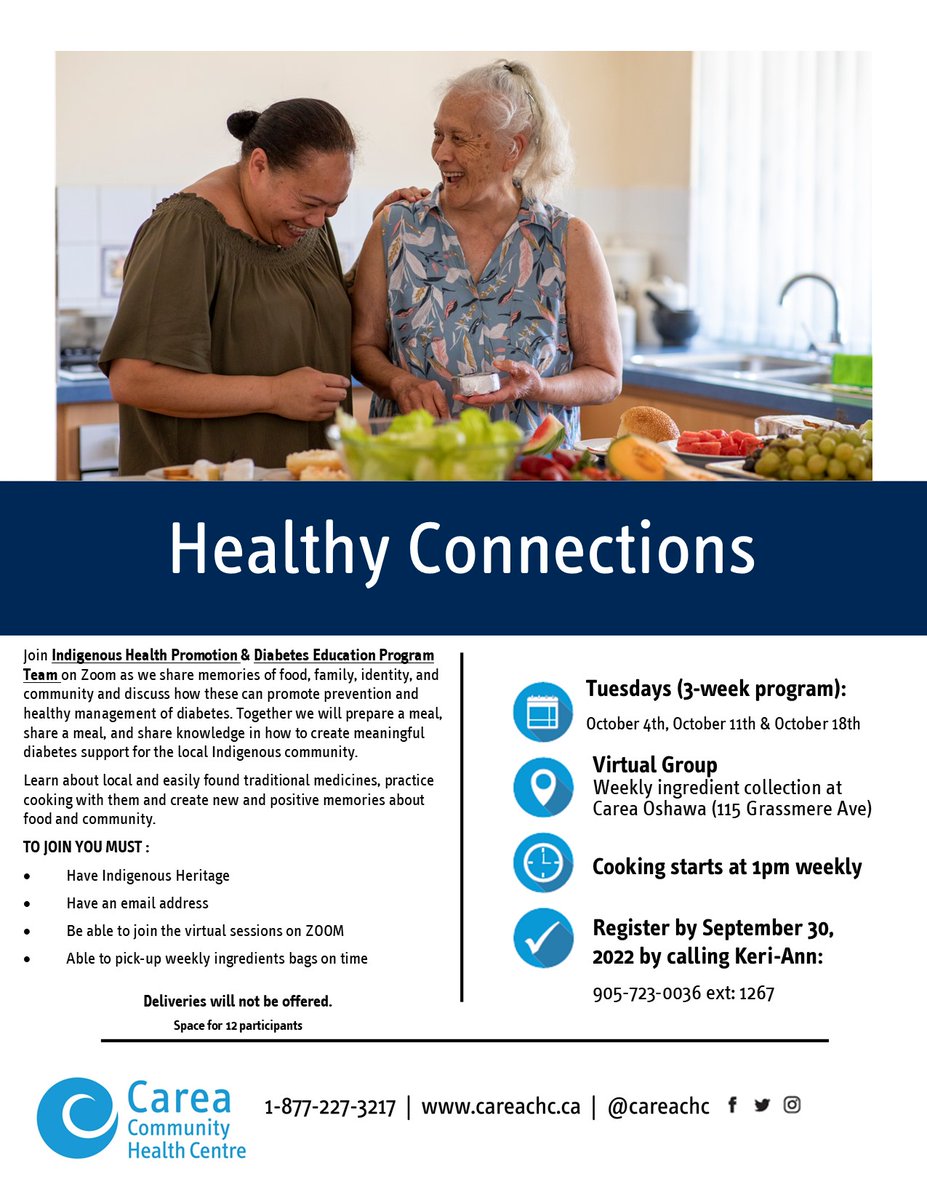 Join us on Zoom and learn about local and easily found traditional medicines and practice cooking with them. We will also discuss prevention and healthy management of diabetes
Register by Sept 30
#careacommunityhealthcentre #durhamregion #indigenous #FNIM
#diabetesprevention