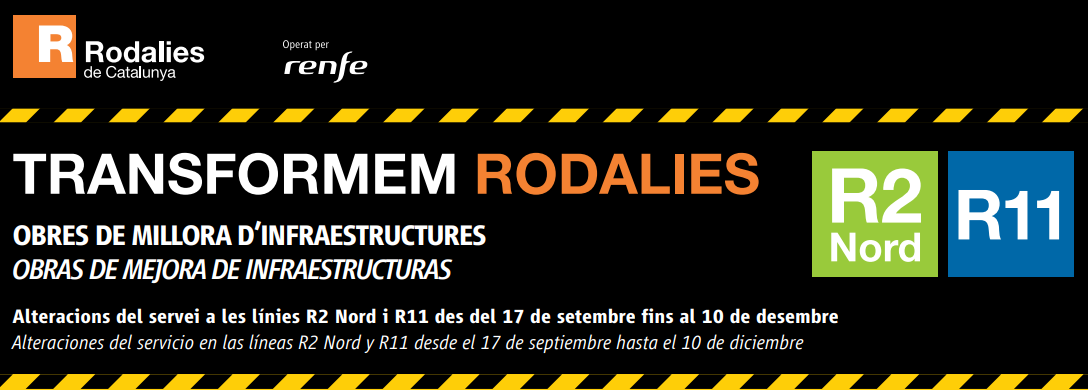 rodalies's tweet photo. 📢RECORDA‼️

👉 @Adif_es AV inicia les actuacions a la Sagrera-Sant Andreu:

🚧Des del 17 de setembre fins al 10 de desembre  
🚍Servei alternatiu de Bus per als viatgers de les línies R2 Nord i R11 en els trams afectats

🔗Tota la informació i horaris a: https://t.co/INIH4UsBS9 https://t.co/7vNWS3cOkN