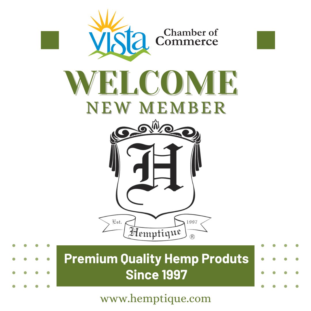 Welcome new Vista Chamber Member Hemptique!

Hemptique is your new source for sustainable premier quality hemp cord, twine, rope, apparel, accessories, home goods and crafting supplies.  Visit their website hemptique.com  and stuck up on all your crafting supplies!