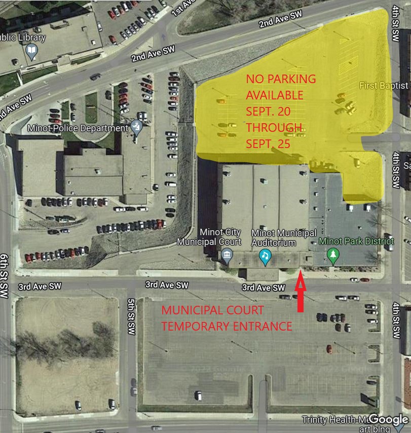 MinotPD's tweet photo. PUBLIC NOTICE:  There will be no parking in the NORTH lot of the Minot Municipal Auditorium from Sept. 20 through Sept. 25 due to the PBR Rodeo.  Temporary access to Minot Municipal Court can be made through the SOUTH side of the building during that time. https://t.co/o3JOuSHijD