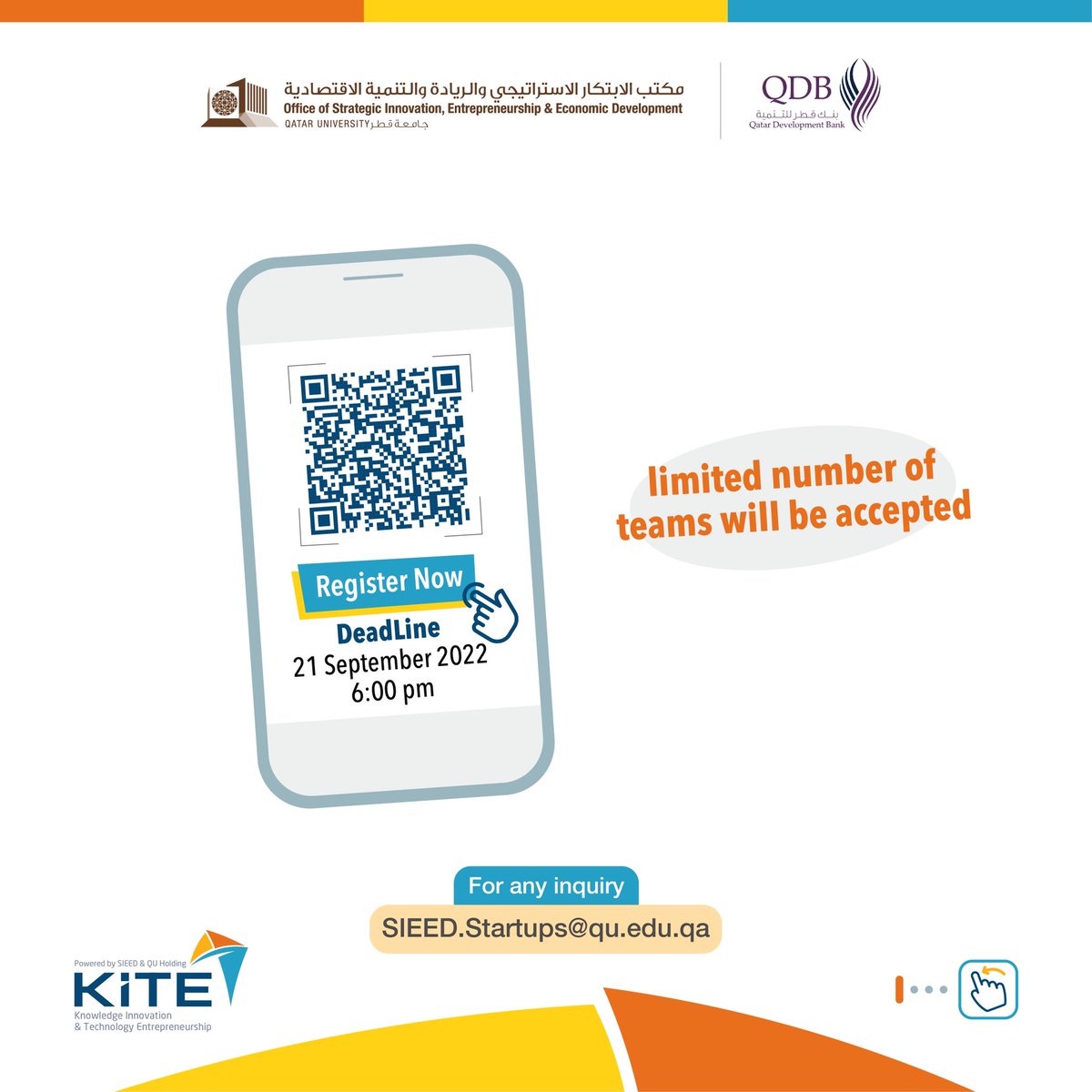 Are you a student at Qatar University and you have any idea for a startup ? do you want to get a support of 20,000 QR Cash, followed by 50,000 in kind support. Scan the QR code for registration in startups pre-incubation program!
<a href="/QDBQA/">بنك قطر للتنمية</a> <a href="/QatarUniversity/">جامعة قطر</a>