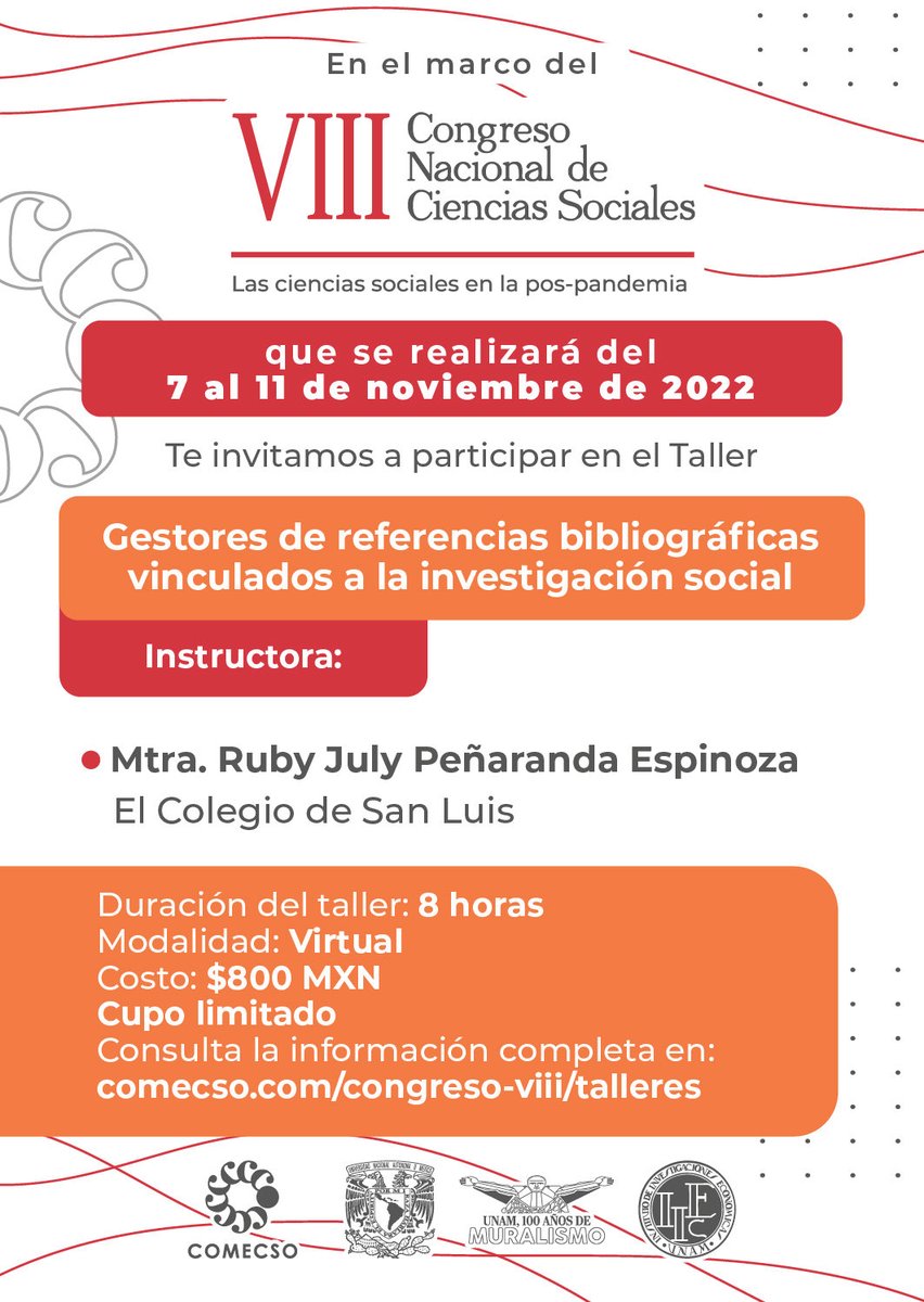 COMECSO's tweet photo. #Taller: “Gestores de referencias bibliográficas vinculados a la investigación social” 

Instructora: @rubyxpenaranda 
Modalidad virtual 💻

#VIIICNCS #CongresoComecso #IIECUNAM https://t.co/jIKw1p1w1O
