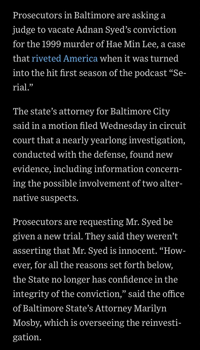 SanaSaeed's tweet photo. Prosecutors in Baltimore are saying that Adnan Syed’s conviction for the 1999 murder of Hae Min Lee should be vacated &amp; he should have a new trial. 

Significant development and somewhere, Sarah Koenig is getting ready for another season of Serial. 

https://t.co/boIJ9yAljL https://t.co/rrnLTQOS6K