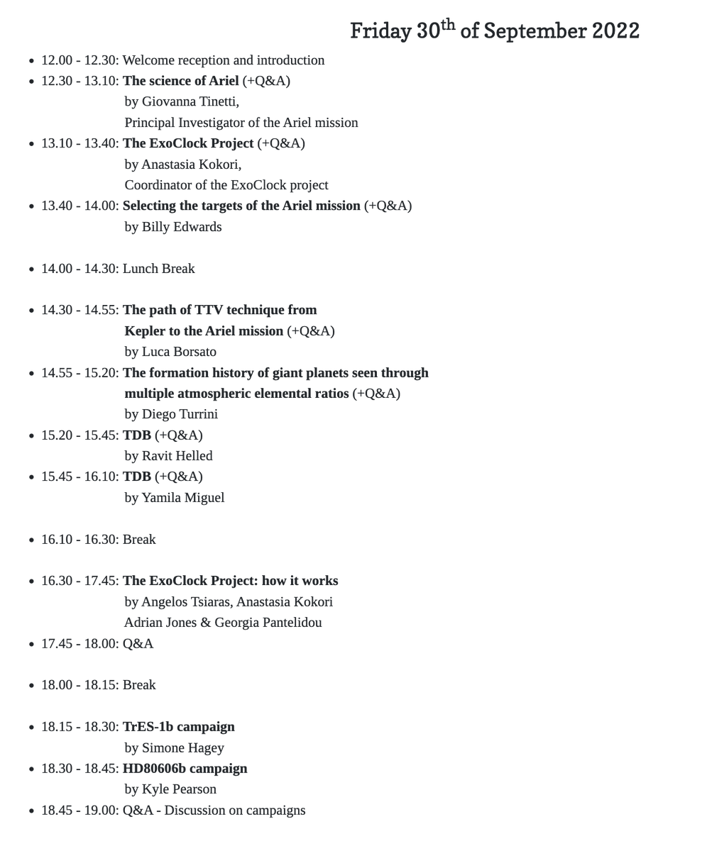 ArielTelescope's tweet photo. The agenda is now live for the 2nd Annual ExoClock Meeting on Friday 30th September and Saturday 1st October 2022 held at UCL and Online

Agenda: 
🔗https://t.co/pkaAy5Cf4s

Registration is free and still open:
🔗https://t.co/gS8jry7TXi

(Times shown below are in BST / UTC+1) https://t.co/ssqogi2VVx