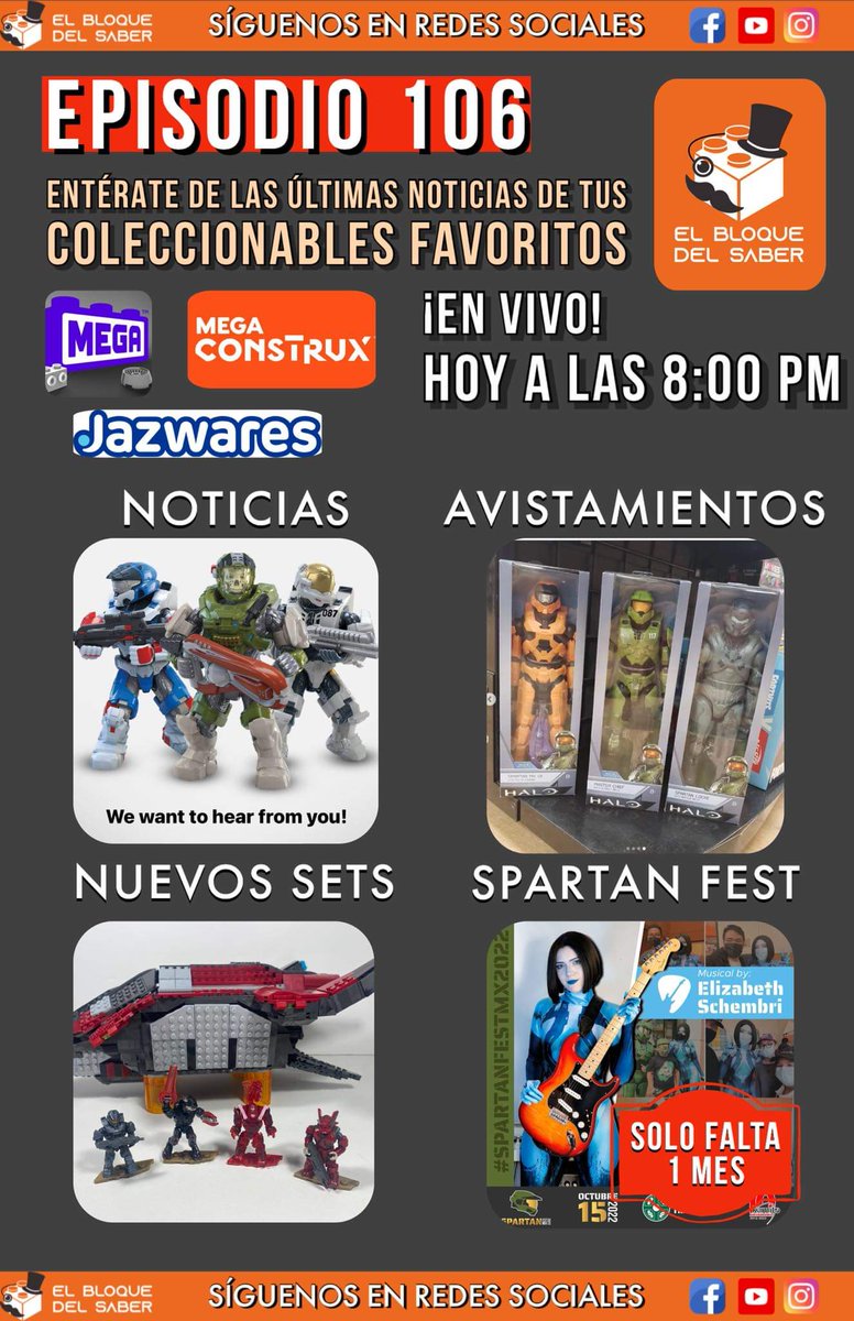 BloqueSaber's tweet photo. Bloque banda!
Episodio 106 de El Bloque Del Saber
El directo se adelantó al dia de hoy! 🇲🇽🇲🇽
en vivo a las 8:00pm
No se lo pierdan!
#megaconstrux
#halo
#HaloInfinite 
#Halomegaconstrux 
#HaloTV 
#megaconstrux
#megabloks
#halomegabloks
#jazwares
#customs
#motu https://t.co/FKD5mbDvYe