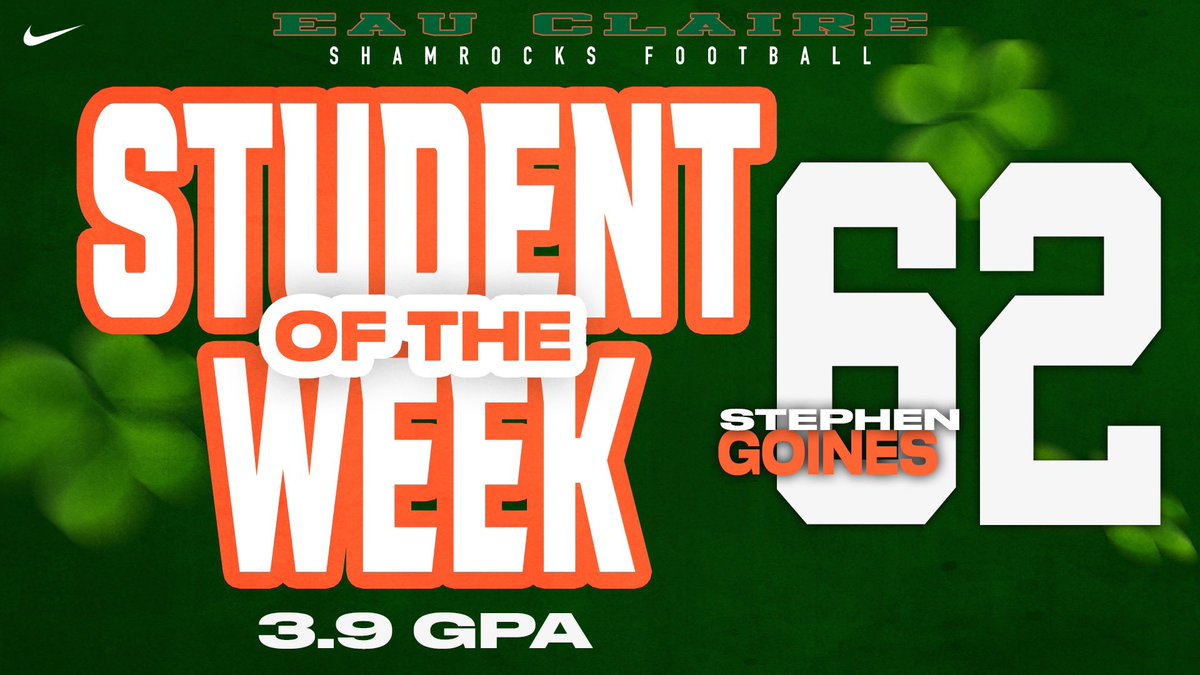 ECHSFootball_'s tweet photo. Student-athlete of the week Steve Goines with a 3.9 GPA keep up the good work Steve #AICS #StudentAthlete #GoShamrocks https://t.co/F8MTn1TasI