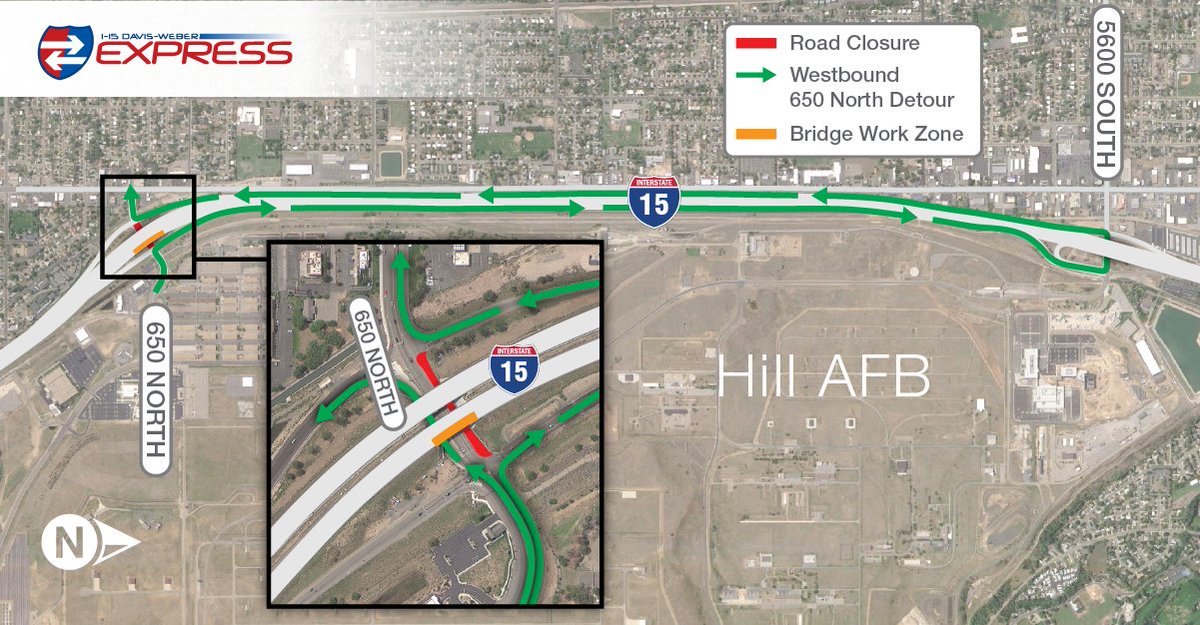 REMINDER: NB I-15 near 650 N in <a href="/ClearfieldCity/">Clearfield City</a> will reduce to 1 or 2 lanes from 7pm Fri, 9/16, to 3pm Mon, 9/19, for bridge work. WB 650 N under I-15 will also close from 10pm Fri, 9/16, to 5am Mon, 9/19. Follow detour signs &amp; expect delays. udot.utah.gov/i15express <a href="/UDOTTRAFFIC/">UDOT Traffic</a>