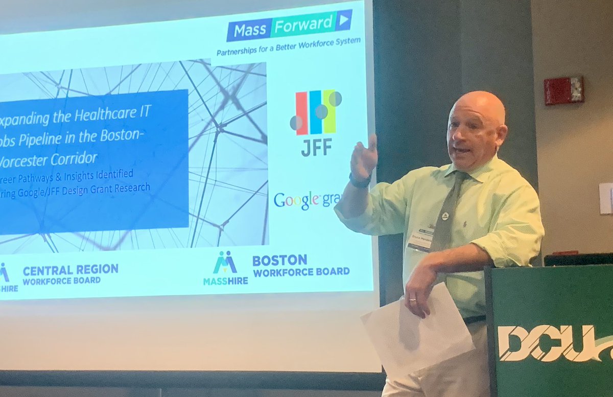 masshirecentral's tweet photo. With colleagues from @BostonPIC, Resource Development Coordinator Bruce M (@brm90) spoke at a #MassForward breakout session about our @Google @jfftweets “Digital #Jobs in #Healthcare” design planning grant. @MAWorkforce #masshireawards #futureofwork @WorkforceInvest @DCUCenter https://t.co/DeEsIy8xKB