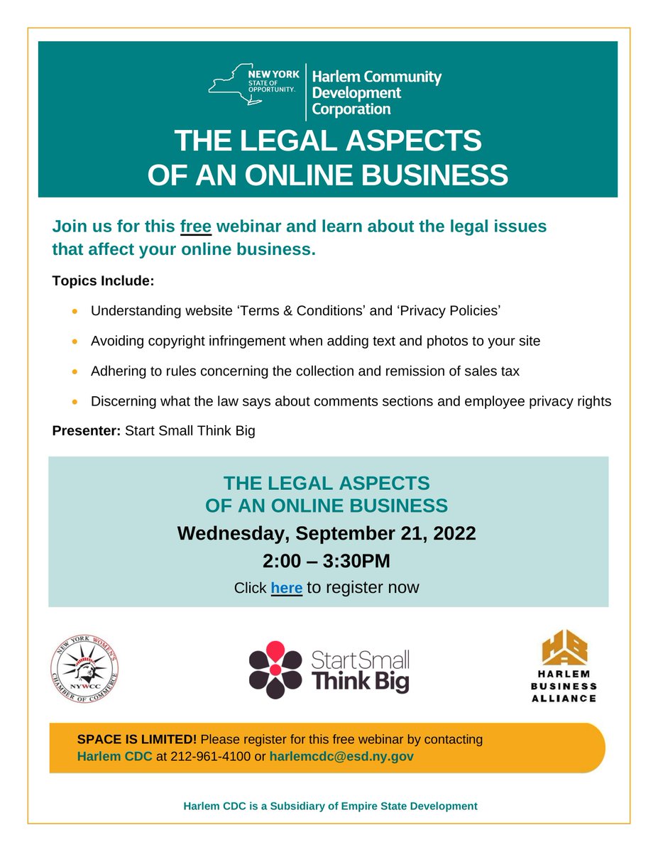 THE LEGAL ASPECTS OF AN ONLINE BUSINESS

Join us for this free webinar and learn about the legal issues that affect your online business.

Presenter: <a href="/start_small/">Start Small Think Big</a> 
Registration: meetny.webex.com/meetny/onstage…