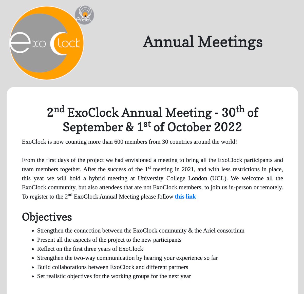 The agenda is now live for the 2nd Annual ExoClock Meeting on Friday 30th September and Saturday 1st October 2022 held at UCL and Online

Agenda: 
🔗exoclock.space/annual_meeting…

Registration is free and still open:
🔗eventbrite.com/e/2nd-annual-e…

(Times shown below are in BST / UTC+1)