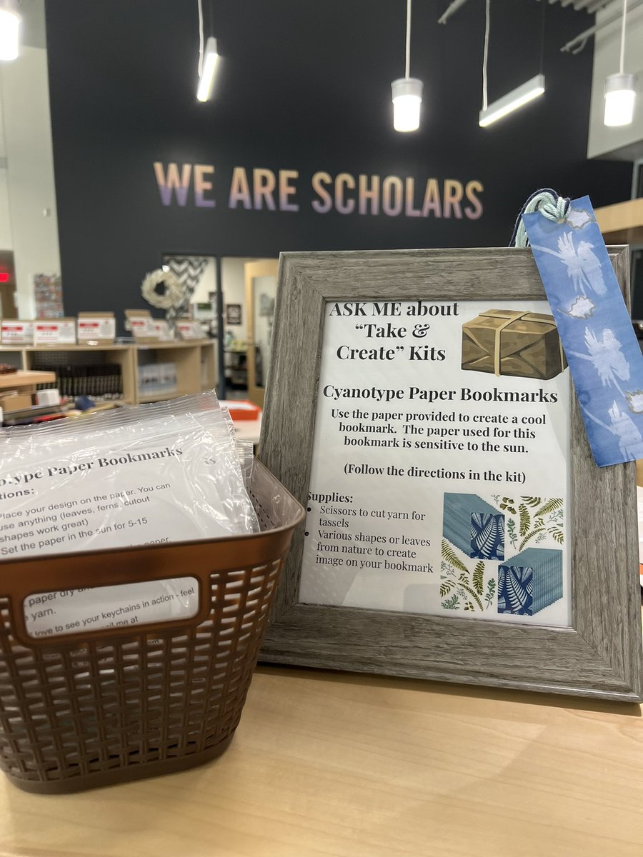 LibraryWmhs's tweet photo. New Take & Create kits for pickup in library. Using solar activated paper (cyanotype) to create a unique bookmark. #takeandcreatekits #librarylife #craftsforall https://t.co/8Y2UBTJoI8