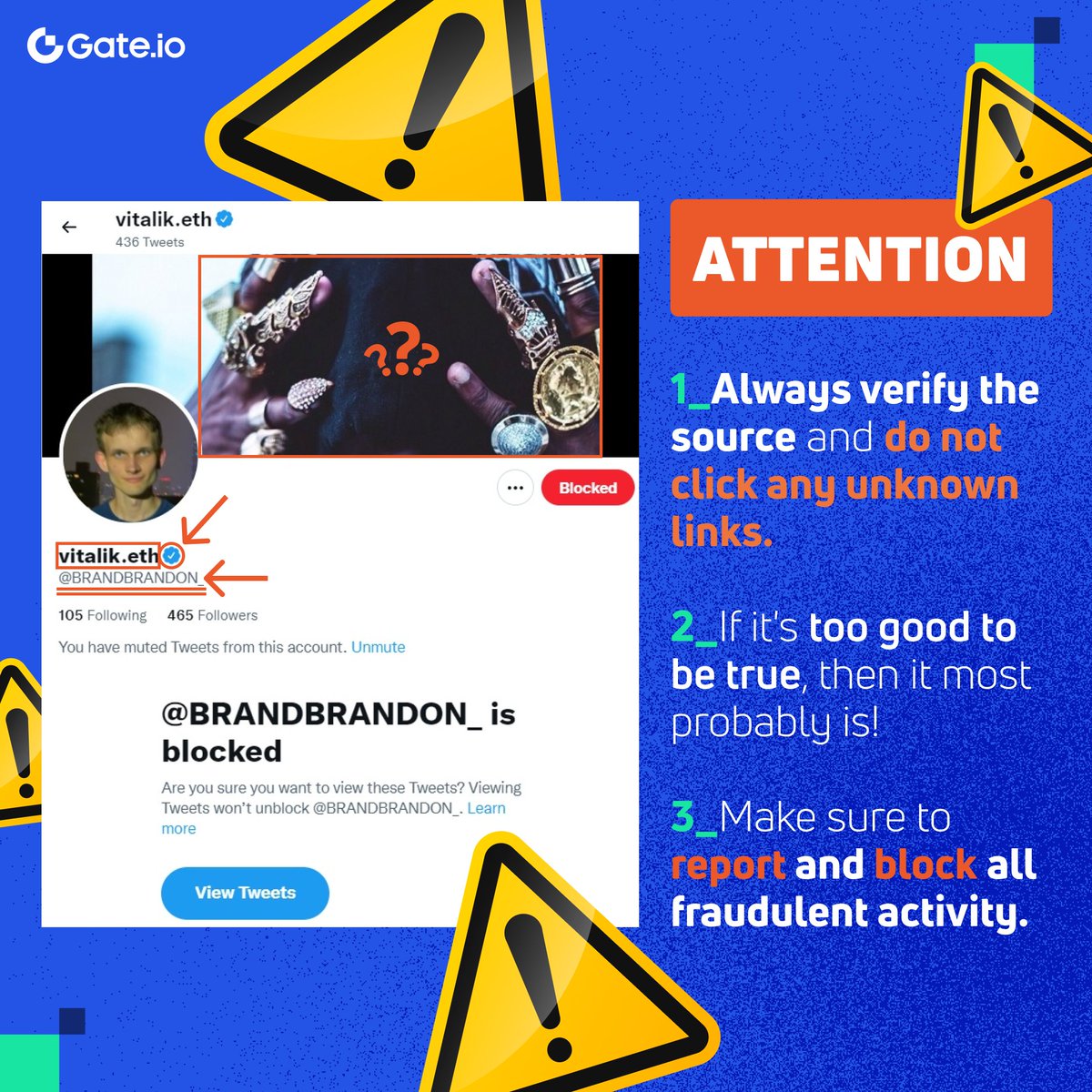 🚨The #GateChain Team is keeping an eye out for scammers and YOU should do the same! 

🛡️Let's keep #CryptoTwitter a safe environment!

@TwitterSafety <a href="/VitalikButerin/">vitalik.eth</a> <a href="/elonmusk/">Elon Musk</a> <a href="/ParisHilton/">Paris Hilton</a> <a href="/girlgone_crypto/">Girl Gone Crypto</a> @TwitterSupport 

#GateKeepers against #Scam #Scambots #Scams