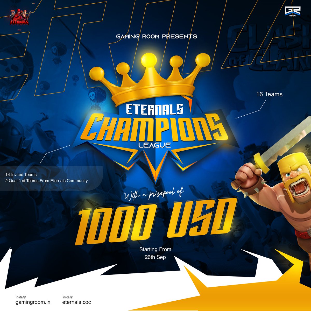 Presenting you the ever awaited triumph, The ETERNALS CHAMPIONS LEAGUE 2022, Showcasing an Extravagant Pricepool of 1000USD!

Stay Tuned For Teams Revealing &amp; Fixtures!✨️
<a href="/CoCEsports/">Clash of Clans Esports</a> <a href="/ClashofClans/">Clash of Clans</a>