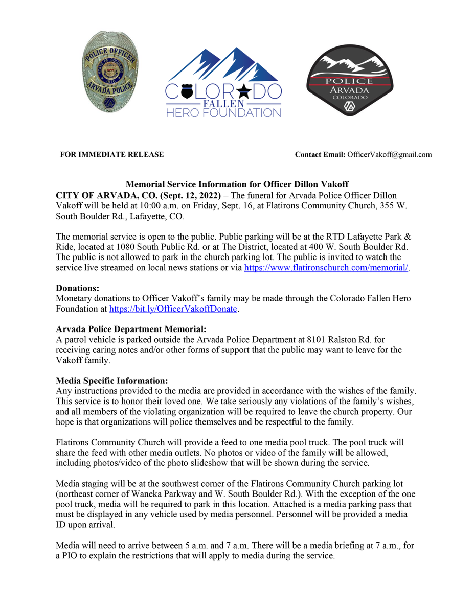 ArvadaPolice's tweet photo. Memorial service information for Officer Vakoff https://t.co/za9f6FNOsG