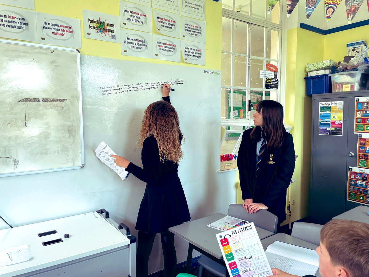 MsEnglishDavies's tweet photo. COLLABORATION is key! ✅ Shared writing in groups, preparing for their upcoming English Assessments. Really proud of Year 10. Well done! 👏 Keep it up 👍 @Bassaleg_Eng @BassalegSchool1 @MrLWheeler ☺️👀 #learningwalls #collaboration #sharedwriting https://t.co/K4os1wfQaY