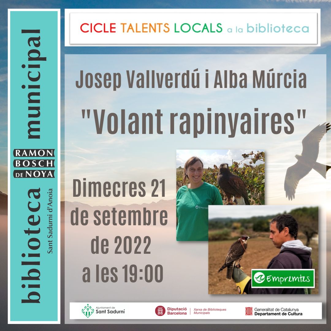 bstsadurniarbn's tweet photo. Josep Vallverdú, falconer i criador de falcons i Alba Murcia, educadora ambiental, cuidadora d'animals i falconera ens transmetran tot el que saben sobre els rapinyaires
#santsadurni #talentslocals #empremtes #falcons #falconeria #josepvallverdu #albamurcia #aus #rapinyaires https://t.co/poWJxukyjB