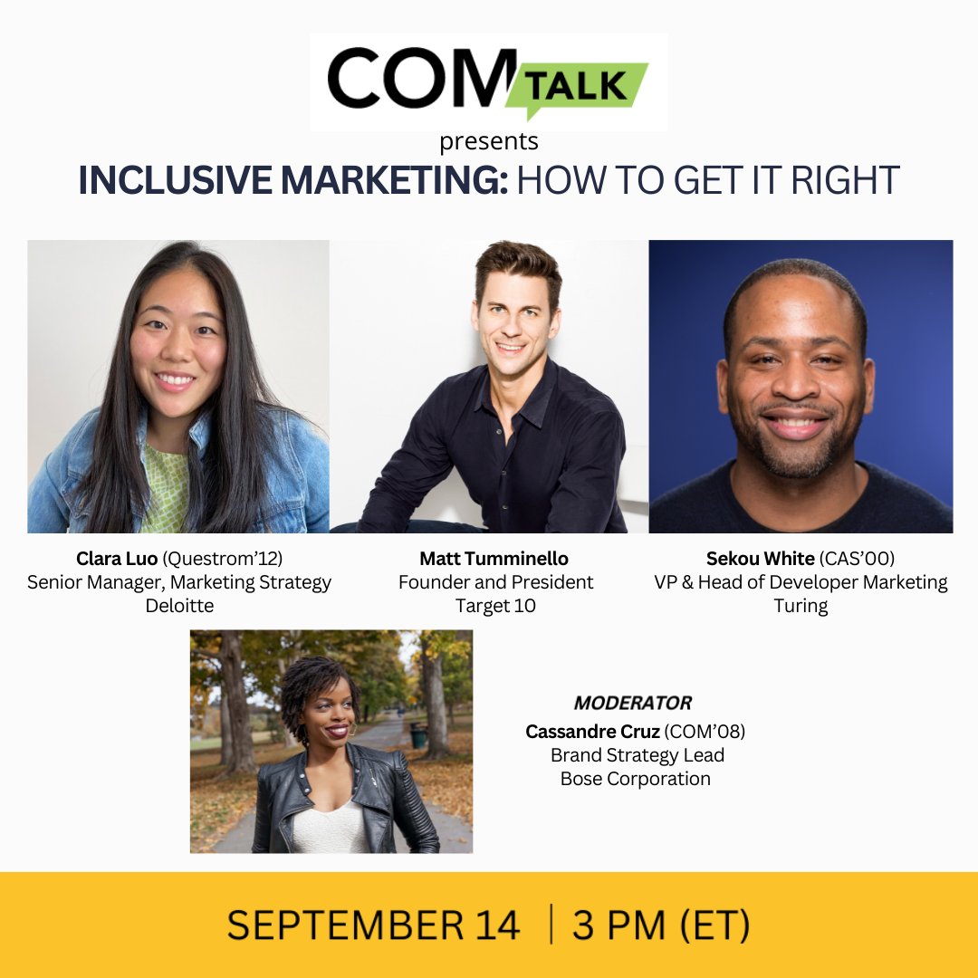 COMatBU's tweet photo. Join Clara Luo (@BUQuestrom'12), @Deloitte; @nycmattman, @Target10NYC; @Sekaveli (@BU_CAS'00), @turingcom; and Cassandre Cruz (COM'08), @Bose, today to talk inclusive marketing.

Tune in at 3 pm ➡️ https://t.co/lrsJvmgrM7 https://t.co/ox6b9v5hpE