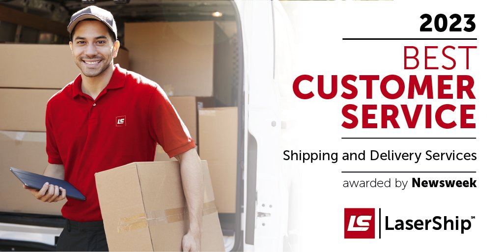 LaserShip's tweet photo. We are honored to be ranked #1 in delivery and shipping services on @Newsweek's 2023 America's Best Customer Service list! This award is a testament to the hard work and dedication of our team to provide best-in-class service. https://t.co/nByMkfLq9x https://t.co/WbO3jGM2uR