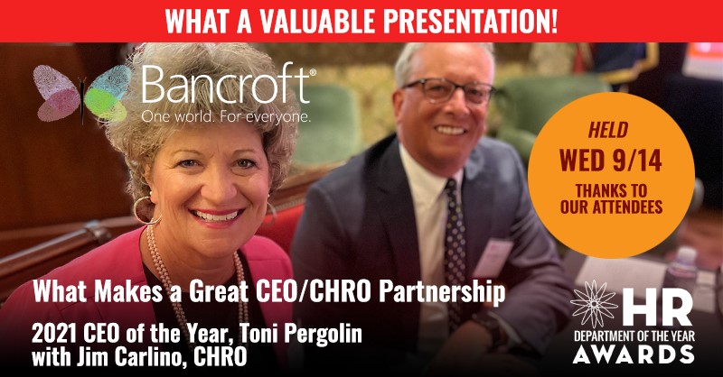 RosenGroupHR's tweet photo. 🦋 ANOTHER GREAT EVENT! HR Dept. of the Year Awards was pleased to present today's event, "What Makes a Great CEO/CHRO Partnership" featuring best practices from Bancroft's CEO, Toni Pergolin and CHRO, Jim Carlino. Stay tuned for our next event: 10/20
#HR #HRAwards #Bancroft https://t.co/z8uz7STZGX