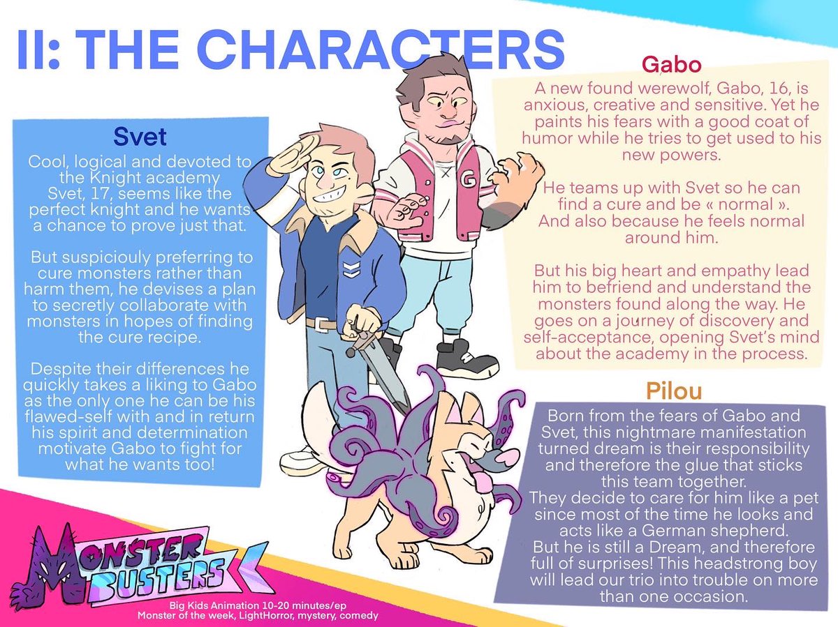 Elhabro_'s tweet photo. Part 1/2
So recently I’ve been working on making an actual pitch for Monster Busters! And now, realizing I actually share very little about the actual plot of the show, I thought I’d it!
#pitch #show #werewolf #monster #knight #monsterbusters #dog #characterdesign #cartoon https://t.co/Dl2ACQtGXP