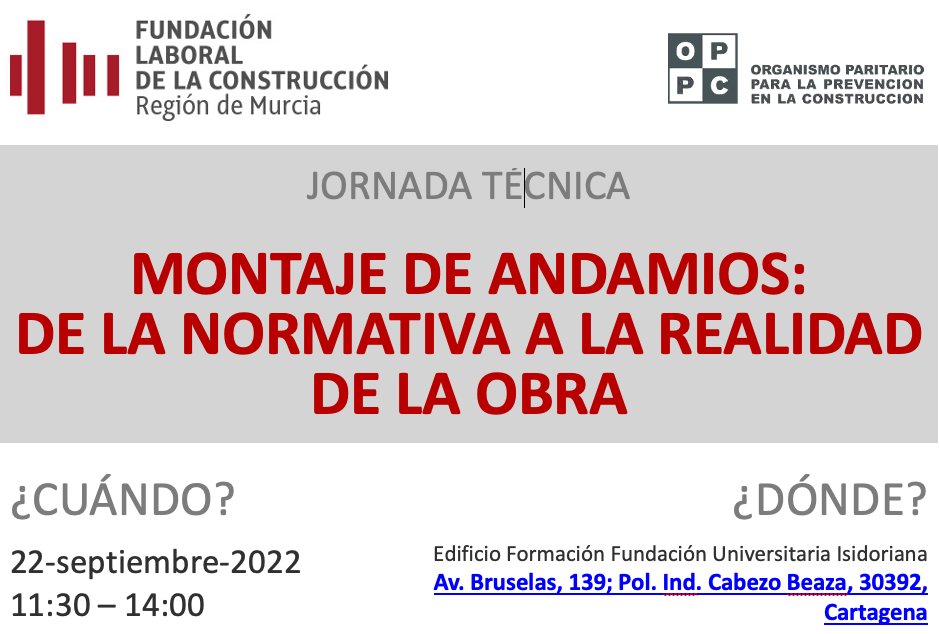 andamioslayher's tweet photo. El próximo día 22 de septiembre colaboraremos con la Fundación Laboral de la Construcción, en Cartagena (Murcia), en la jornada "Montaje de andamios: de la normativa a la realidad de la obra".

Puedes inscribirte en el siguiente enlace: https://t.co/Y1xgFomD4q

#layher #andamios https://t.co/1jZ6w9wzih
