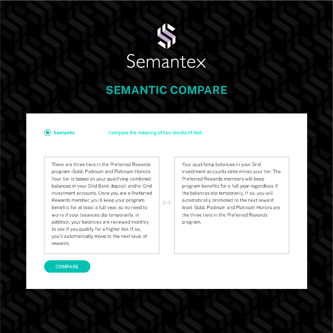Get a small taste of what <a href="/Semantex_AI/">Semantex_ai</a> has to offer – try out the Syntactic, Semantic, and Cross-language Text Comparison Demos.
semantex.ai/tryme/

#AI #ArtificialIntelligence #MachineLearning