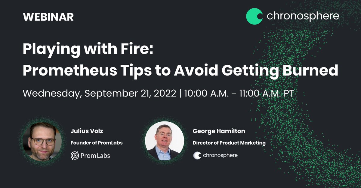 Join me for this free webinar hosted by @chronosphereio next week (Wed Sep 21, 10am PT), where I'll be speaking about concrete best practices you can implement when using @PrometheusIO to monitor your systems! There'll be Q&A too. go.chronosphere.io/prometheus-tip…