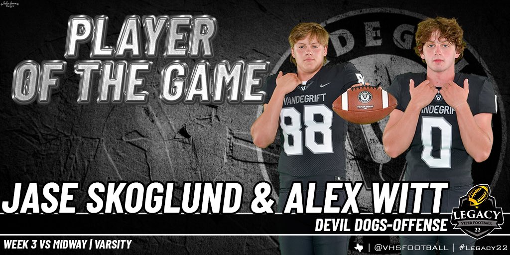 VHSFootball's tweet photo. Congrats to our offensive players of the week vs Waco Midway. 🔥 
@RayJeanMiddlet1 
@BeckOrmond 
@bbuchanan_12 
@JaseSkoglund 
@alexpwitt https://t.co/f12z0yMC8F