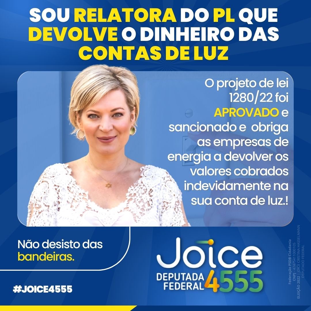 euguirnbr's tweet photo. A Lei 14.385, de 2022, determina que a Agência Nacional de Energia Elétrica (Aneel) compense, com a redução de tarifas, os créditos de PIS/Cofins cobrados indevidamente de usuários.

#JoiceHasselmann #TimeJoice #Joice4555 #PL128022 #Impostos https://t.co/WTlcv05Rvb