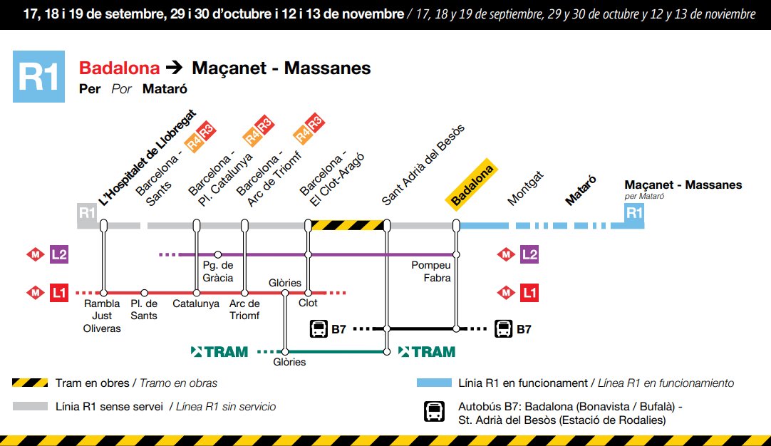 rodalies's tweet photo. 📢RECORDA‼️

👉Per les actuacions a la Sagrera-Sant Andreu a la @rod1cat:

📆Del 17/09 al 19/09 les circulacions s'iniciaran i finalitzaran a Badalona
🚍🎫Els títols de Rodalies seran vàlids per accedir als transbordaments de metro, autobús i TRAM

🔗https://t.co/INIH4Ut9HH https://t.co/KplAjCgQm4