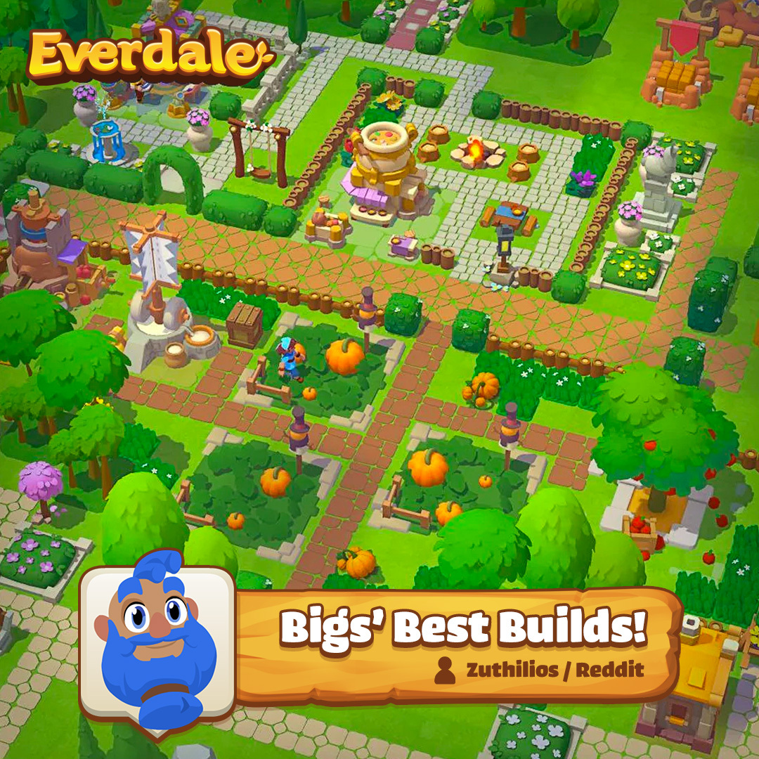 "A grand garden design, for a grand village!
Nice work, u/Zuthilios!" - Bigs the Builder hammer #BigsBestBuilds #Everdale
