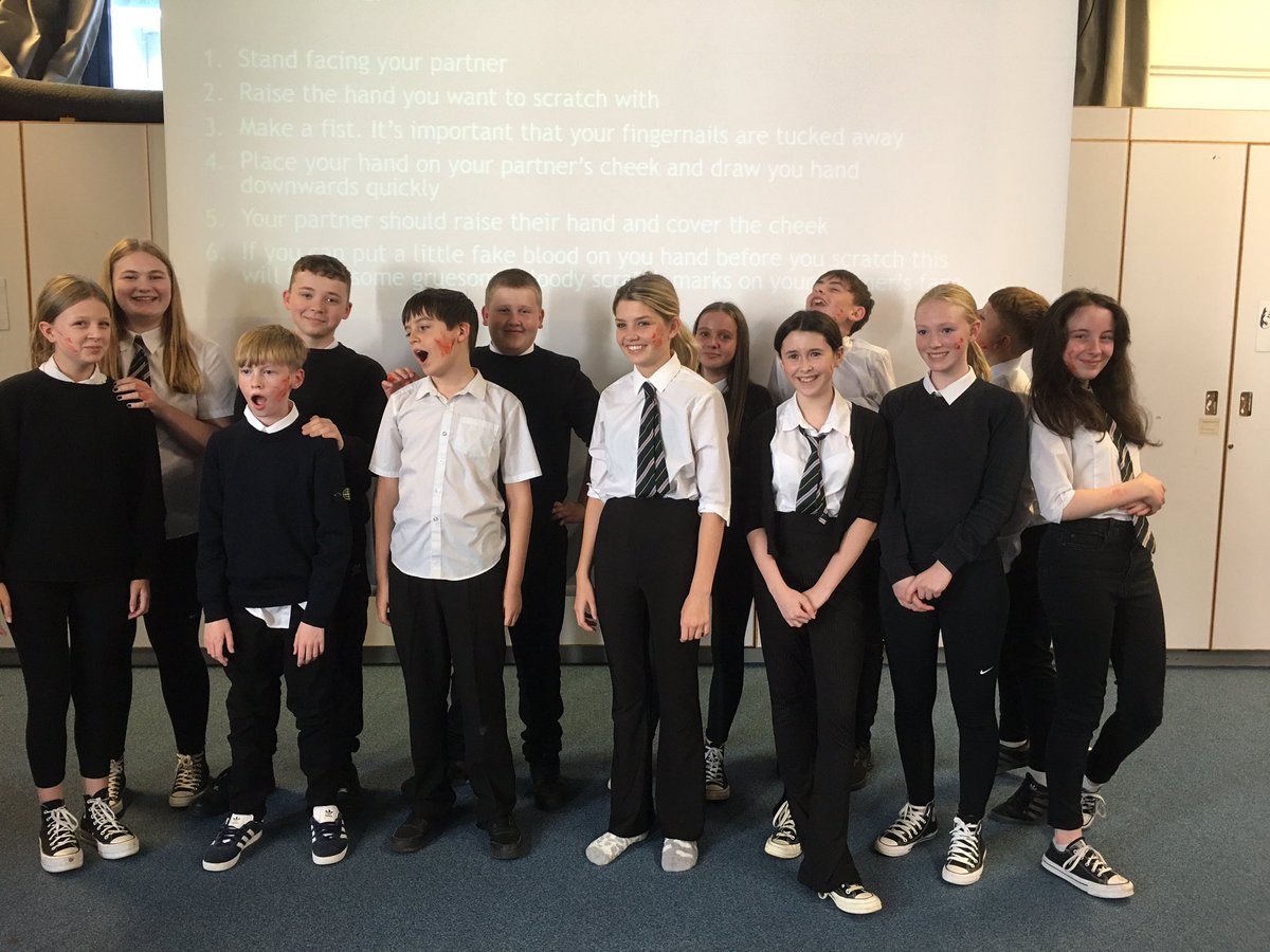 BBExpArts's tweet photo. Here are some of our wonderful S2 pupils demonstrating how we use fake blood during stage fighting! Keep it up!! 🎭 #excellence #togetherness #curiosity #stagefighting #s2ddrama https://t.co/1VGH6azedv