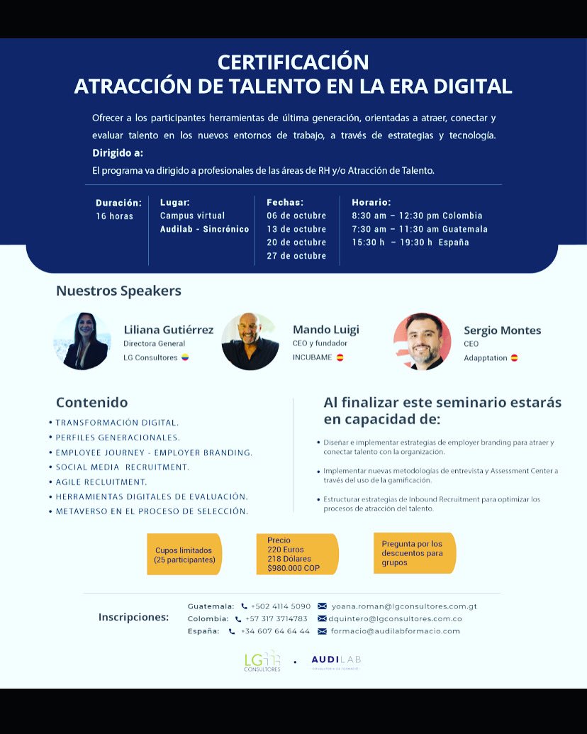 Nueva convocatoria Certificación Atracción de Talento en la Era Digital! Reserva tu plaza! <a href="/mandomando/">Mando Liussi 🇪🇺</a> <a href="/lgconsultoreslt/">LG Consultores</a> <a href="/liligutierrezv/">Liliana Gutierrez</a> <a href="/AudilabFormaci/">Audilab Formació</a>