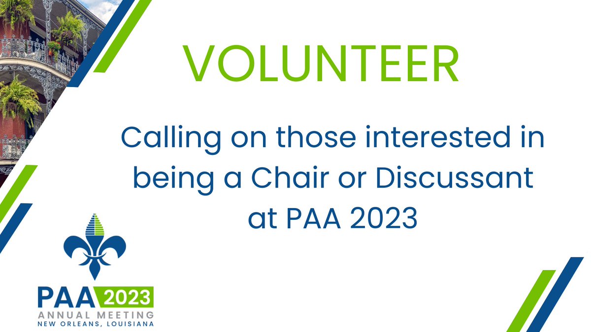 Are you interested in being a chair and/or discussant for #PAA2023 in New Orleans? Submit this form to volunteer: docs.google.com/forms/d/e/1FAI…

Submitting this form does not guarantee that you will be selected as a chair or discussant. Deadline to respond is October 5!