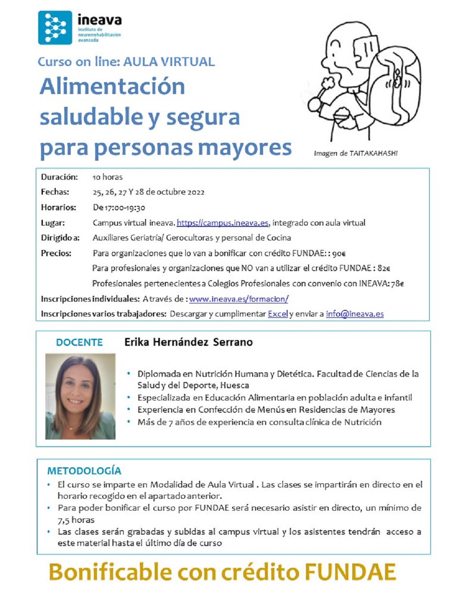 Alimentación saludable y segura para personas mayores. Curso on line AULA VIRTUAL 10 horas.25-27 Octubre. Dirigido a Auxiliares - mailchi.mp/ineava.es/inte…