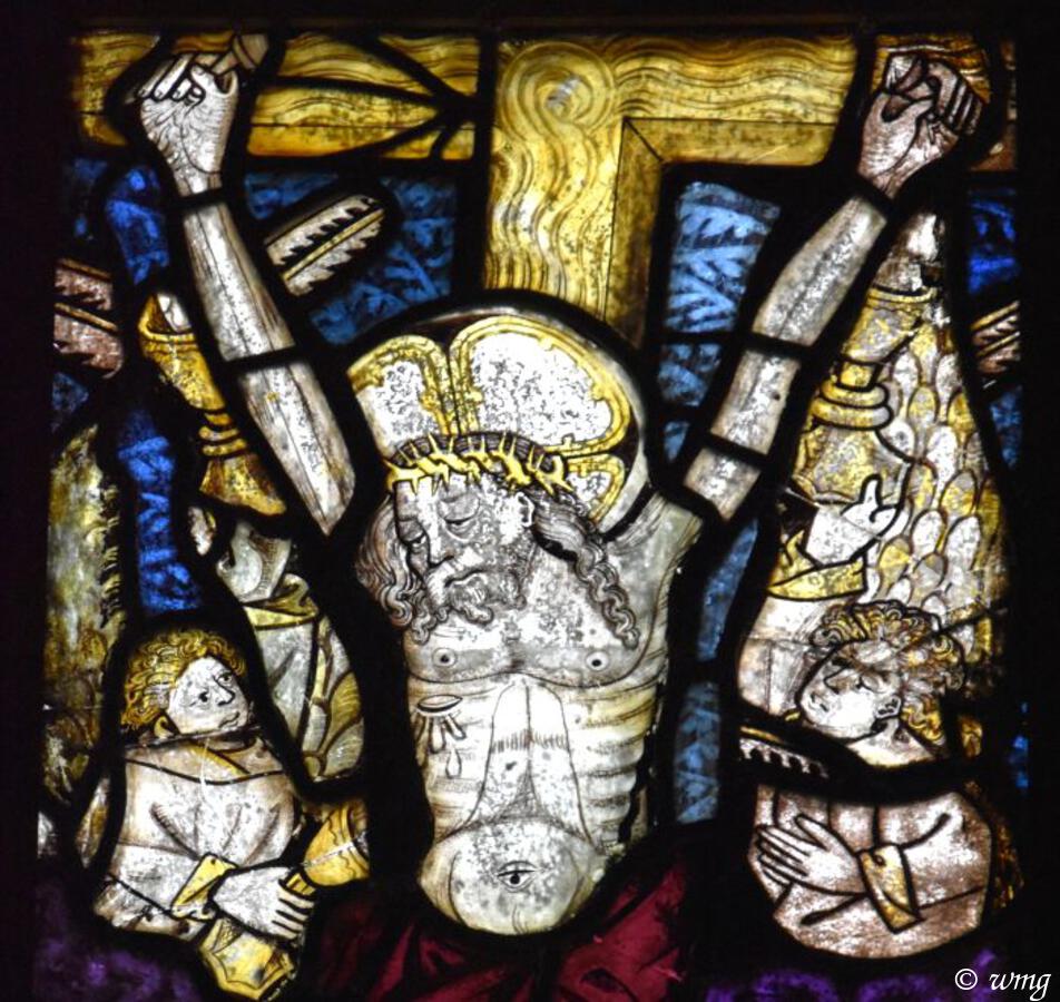 Crucifixion, fragment of medieval glass, about 1490, restored in 1850. Extraordinary details of the body.
Church of St Cadwaladr, Llangadwaladr, #Anglesey
#Medievalglass