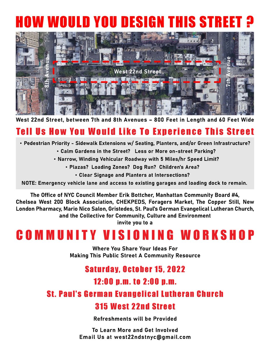ManhattanBoard4's tweet photo. Community Visioning Workshop
Share your ideas for making this public street a community resource. Help plan a design for West 22nd Street between 7th/8th Aves.

Saturday, October 15
12pm - 2pm
St. Paul's German Evangelical Lutheran Church
315 W. 22nd Street (8/9) https://t.co/LRO4oHGOA0